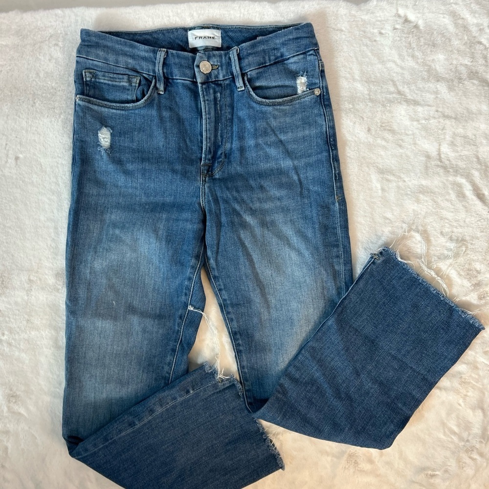 FRAME Le Crop Mini Boot Jeans Size 28 Distressed Raw Hem Cropped Bootcut